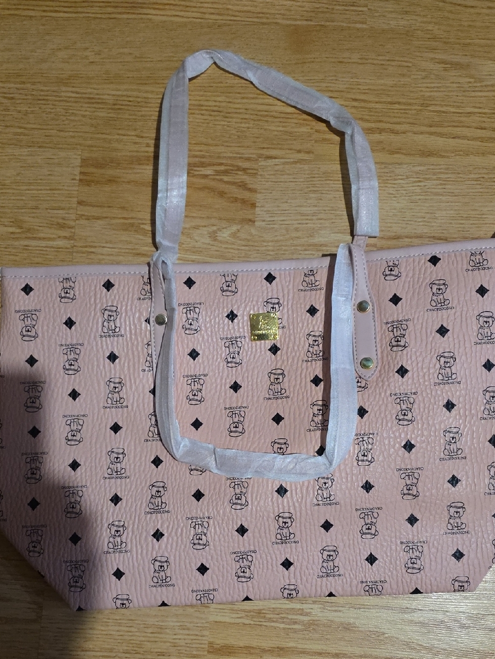 Pink Patterned Tote Bag with Gold Accent